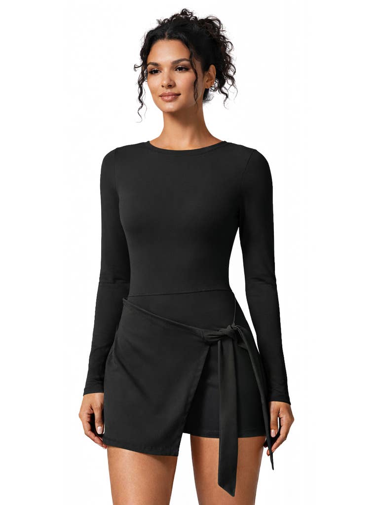 Long Sleeve Dress Skorts with Bow Tie