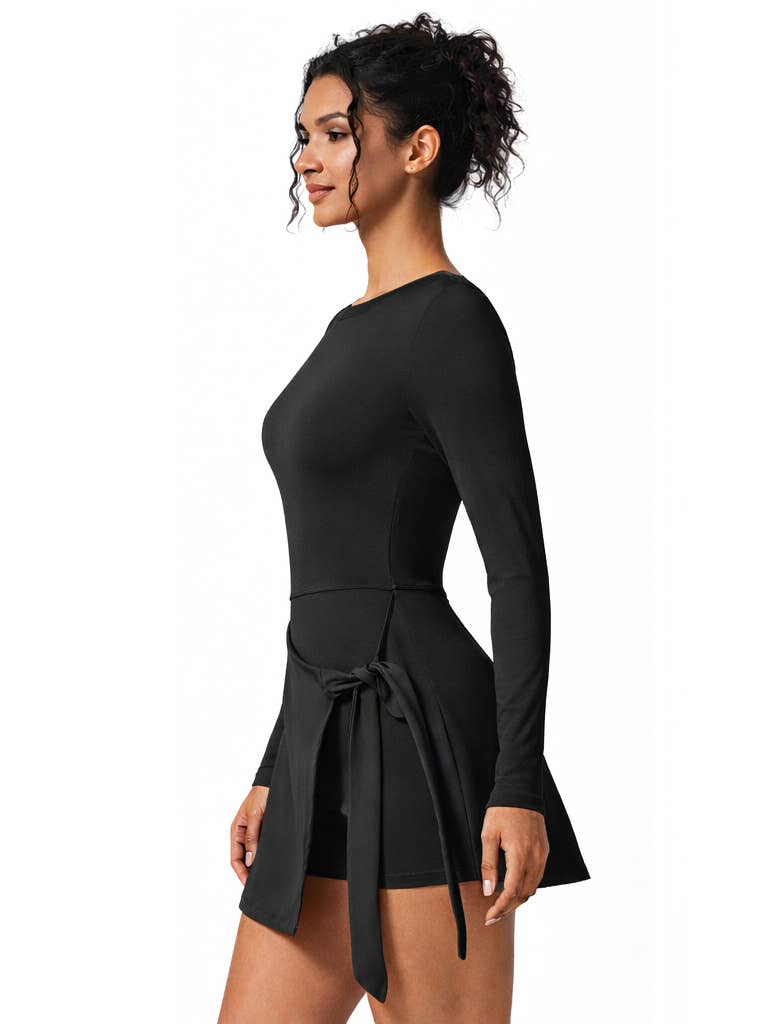 Long Sleeve Dress Skorts with Bow Tie