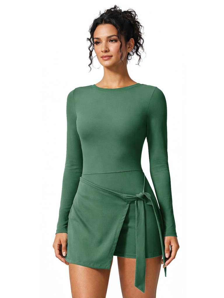 Long Sleeve Dress Skorts with Bow Tie