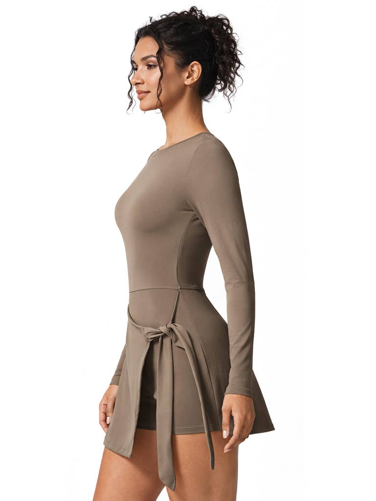 Long Sleeve Dress Skorts with Bow Tie
