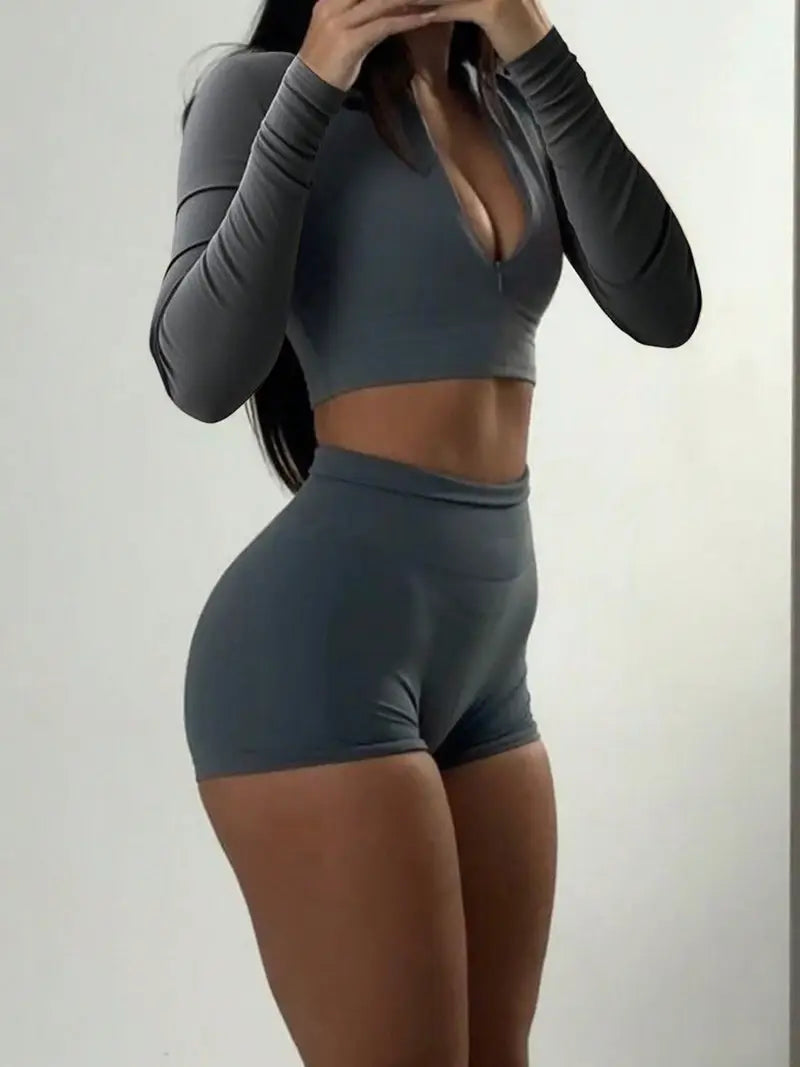 Long Sleeve Cropped Top Shorts Set (Preorder)
