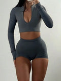 Long Sleeve Cropped Top Shorts Set (Preorder)