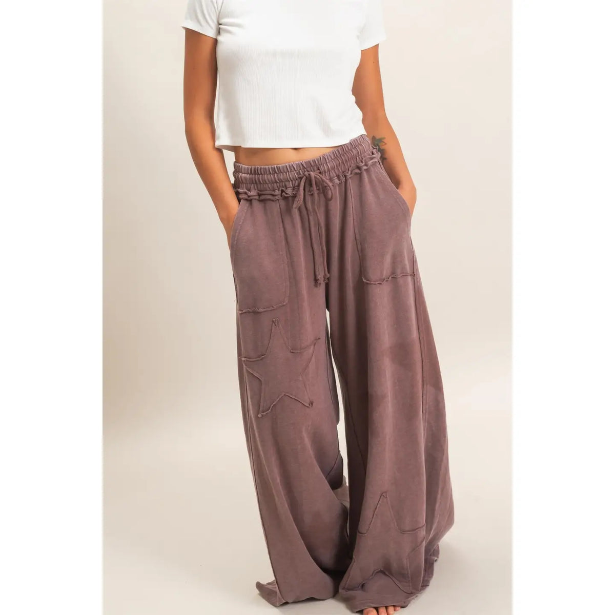 Mineral Wash Star Patch and Print Wide Leg Joggers