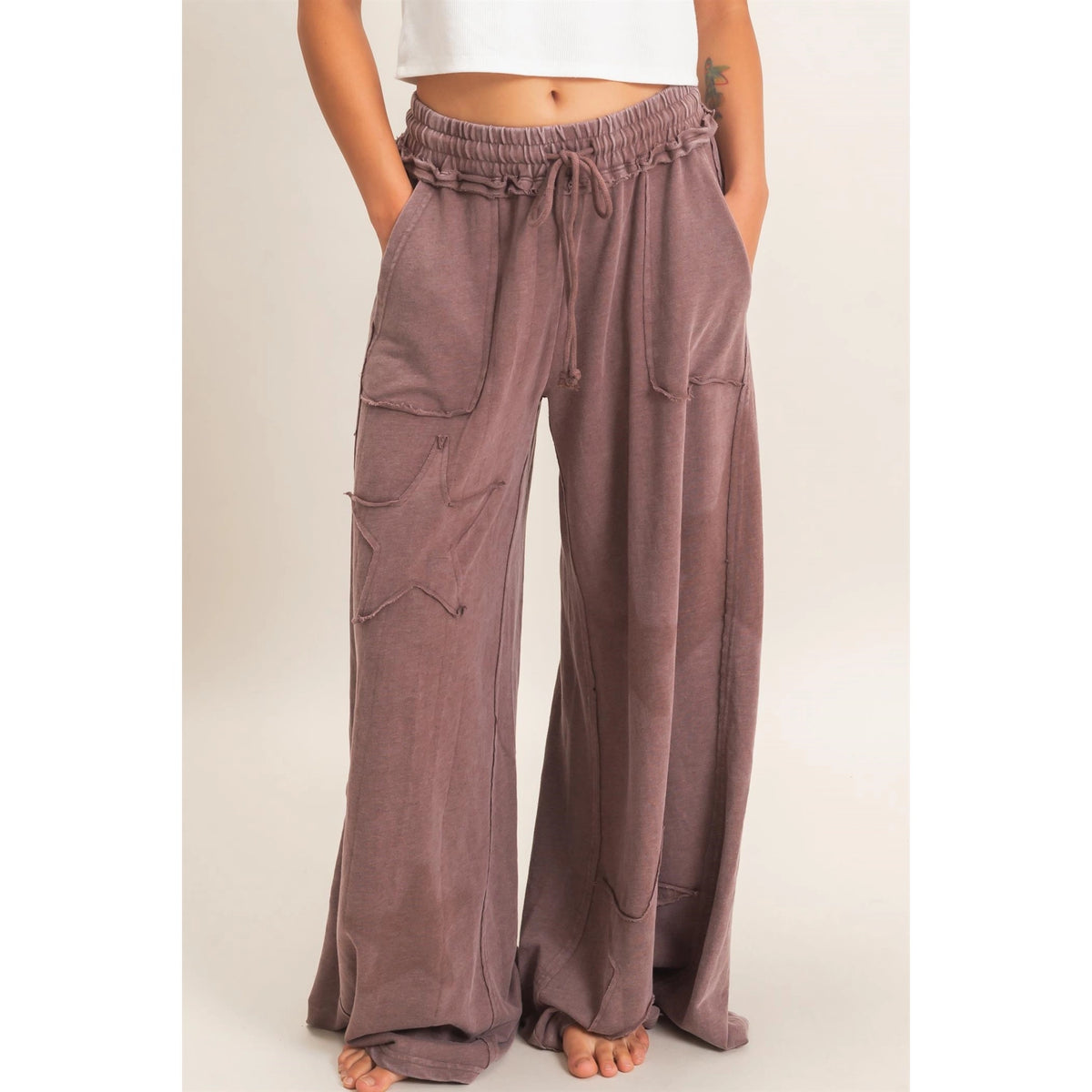 Mineral Wash Star Patch and Print Wide Leg Joggers